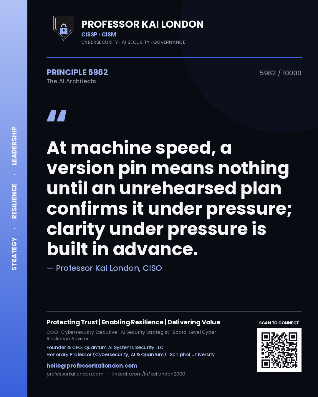 Quote card by Professor Kai London reading 'At machine speed, a version pin means nothing until an unrehearsed plan confirms it under pressure; clarity under pressure is built in advance.'. From the book The AI Architects.