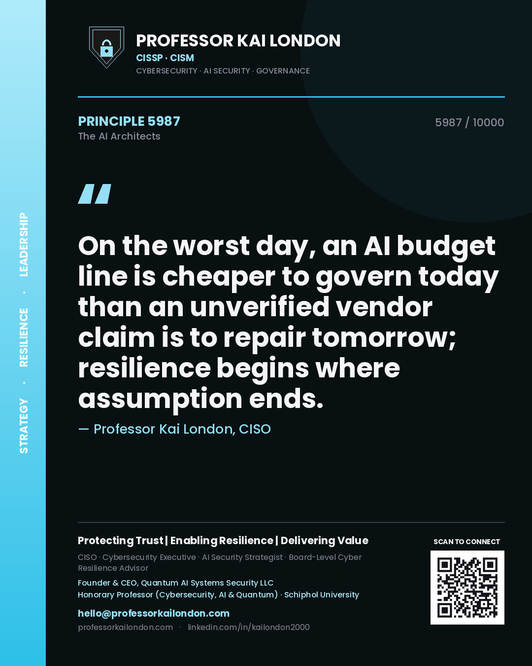 Quote card by Professor Kai London reading 'On the worst day, an AI budget line is cheaper to govern today than an unverified vendor claim is to repair tomorrow; resilience begins where assumption ends.'. From the book The AI Architects.