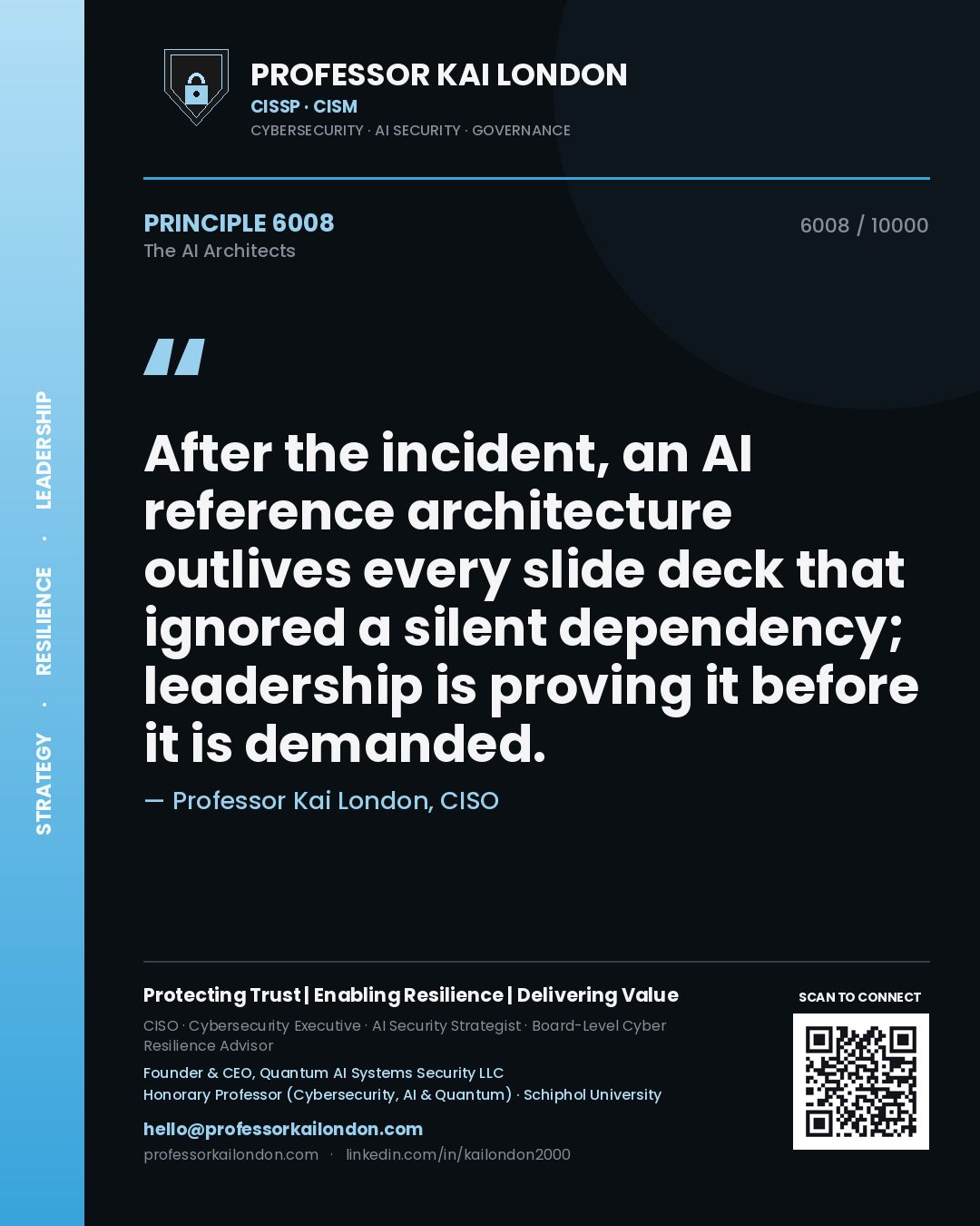 Quote card by Professor Kai London reading 'After the incident, an AI reference architecture outlives every slide deck that ignored a silent dependency; leadership is proving it before it is demanded.'. From the book The AI Architects.