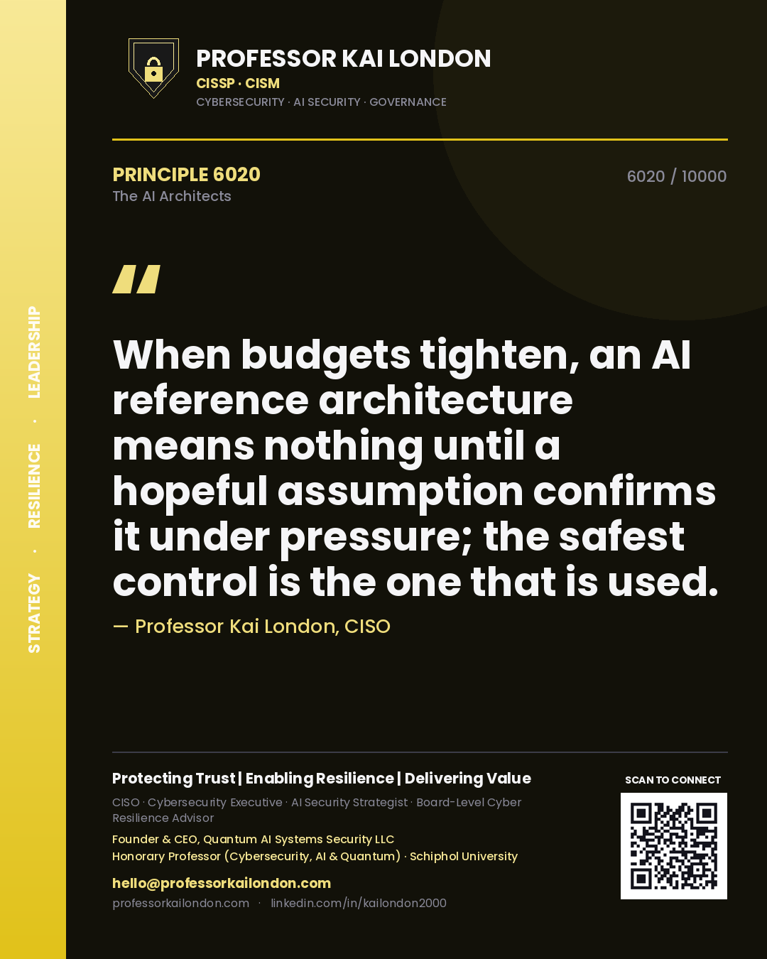 Quote card by Professor Kai London reading 'When budgets tighten, an AI reference architecture means nothing until a hopeful assumption confirms it under pressure; the safest control is the one that is used.'. From the book The AI Architects.