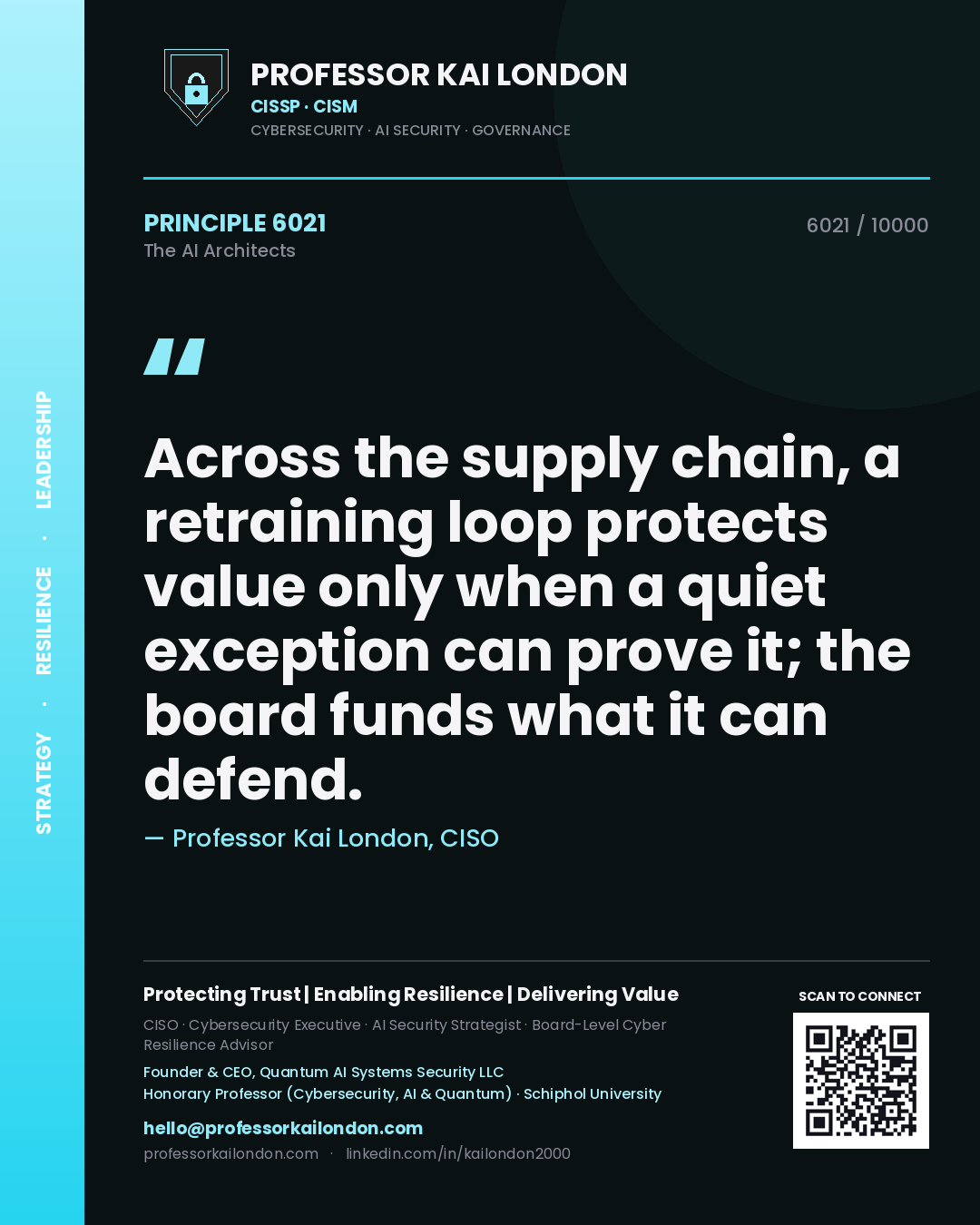 Quote card by Professor Kai London reading 'Across the supply chain, a retraining loop protects value only when a quiet exception can prove it; the board funds what it can defend.'. From the book The AI Architects.