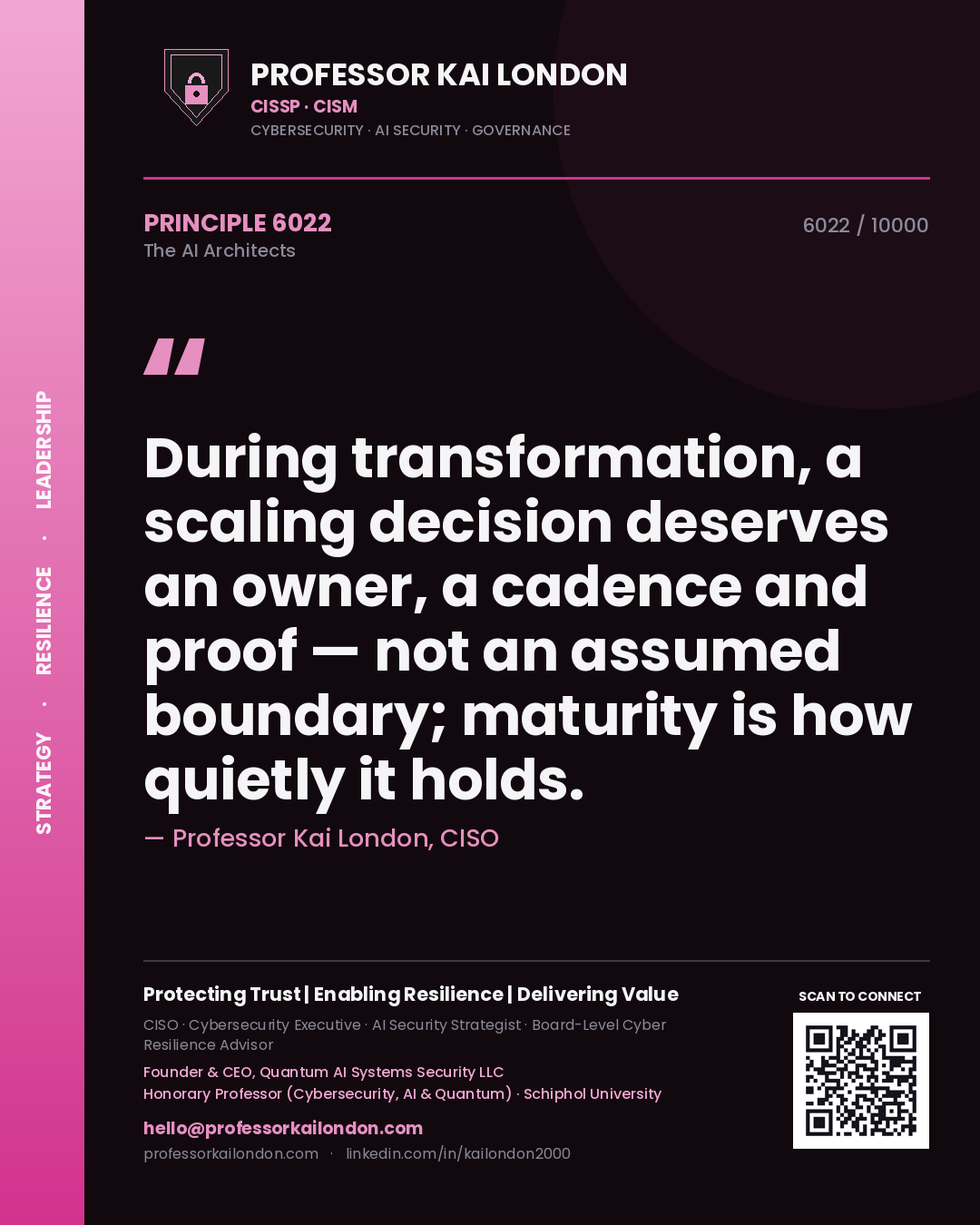 Quote card by Professor Kai London reading 'During transformation, a scaling decision deserves an owner, a cadence and proof — not an assumed boundary; maturity is how quietly it holds.'. From the book The AI Architects.