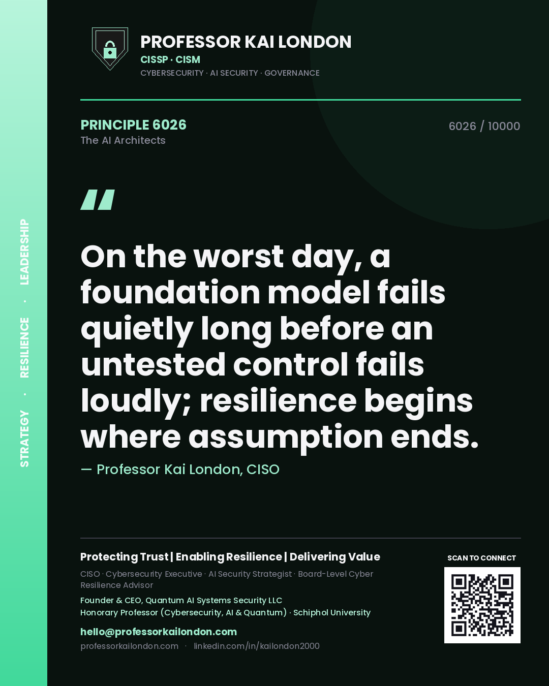 Quote card by Professor Kai London reading 'On the worst day, a foundation model fails quietly long before an untested control fails loudly; resilience begins where assumption ends.'. From the book The AI Architects.
