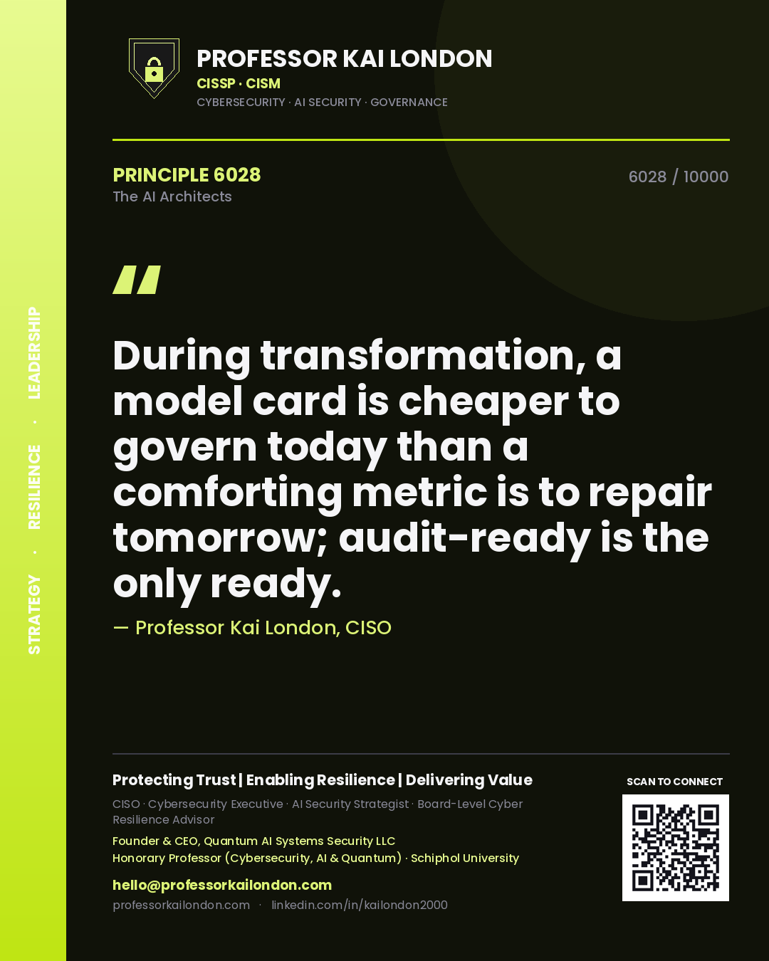 Quote card by Professor Kai London reading 'During transformation, a model card is cheaper to govern today than a comforting metric is to repair tomorrow; audit-ready is the only ready.'. From the book The AI Architects.