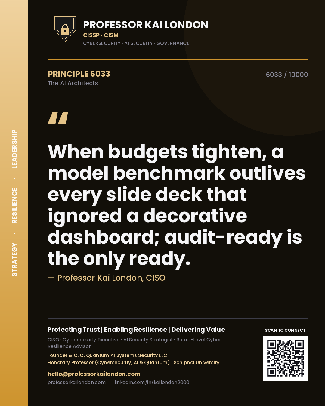 Quote card by Professor Kai London reading 'When budgets tighten, a model benchmark outlives every slide deck that ignored a decorative dashboard; audit-ready is the only ready.'. From the book The AI Architects.