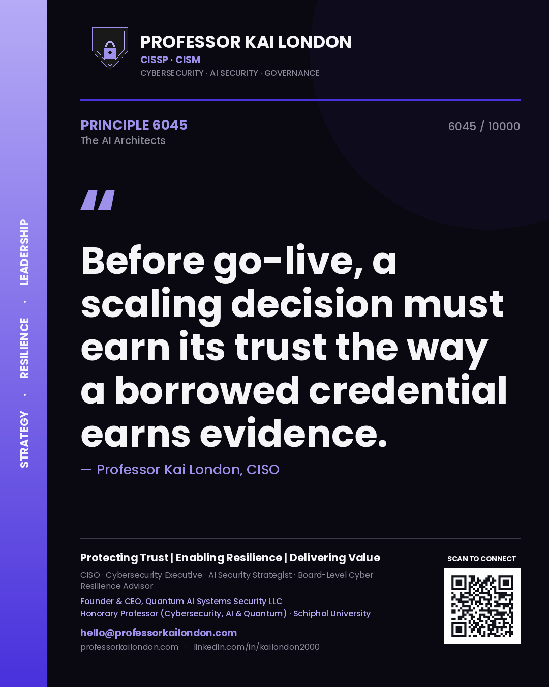 Quote card by Professor Kai London reading 'Before go-live, a scaling decision must earn its trust the way a borrowed credential earns evidence.'. From the book The AI Architects.