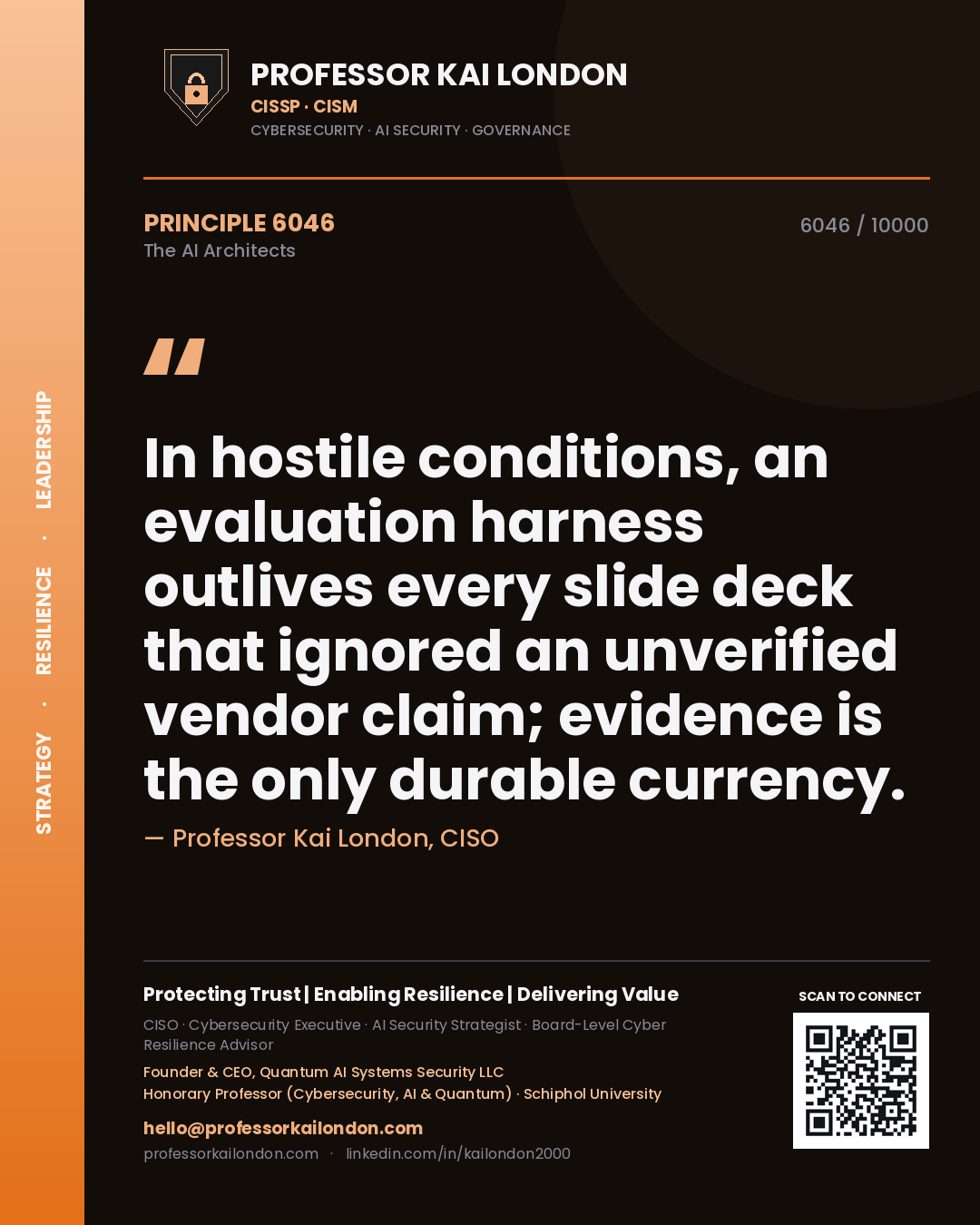 Quote card by Professor Kai London reading 'In hostile conditions, an evaluation harness outlives every slide deck that ignored an unverified vendor claim; evidence is the only durable currency.'. From the book The AI Architects.