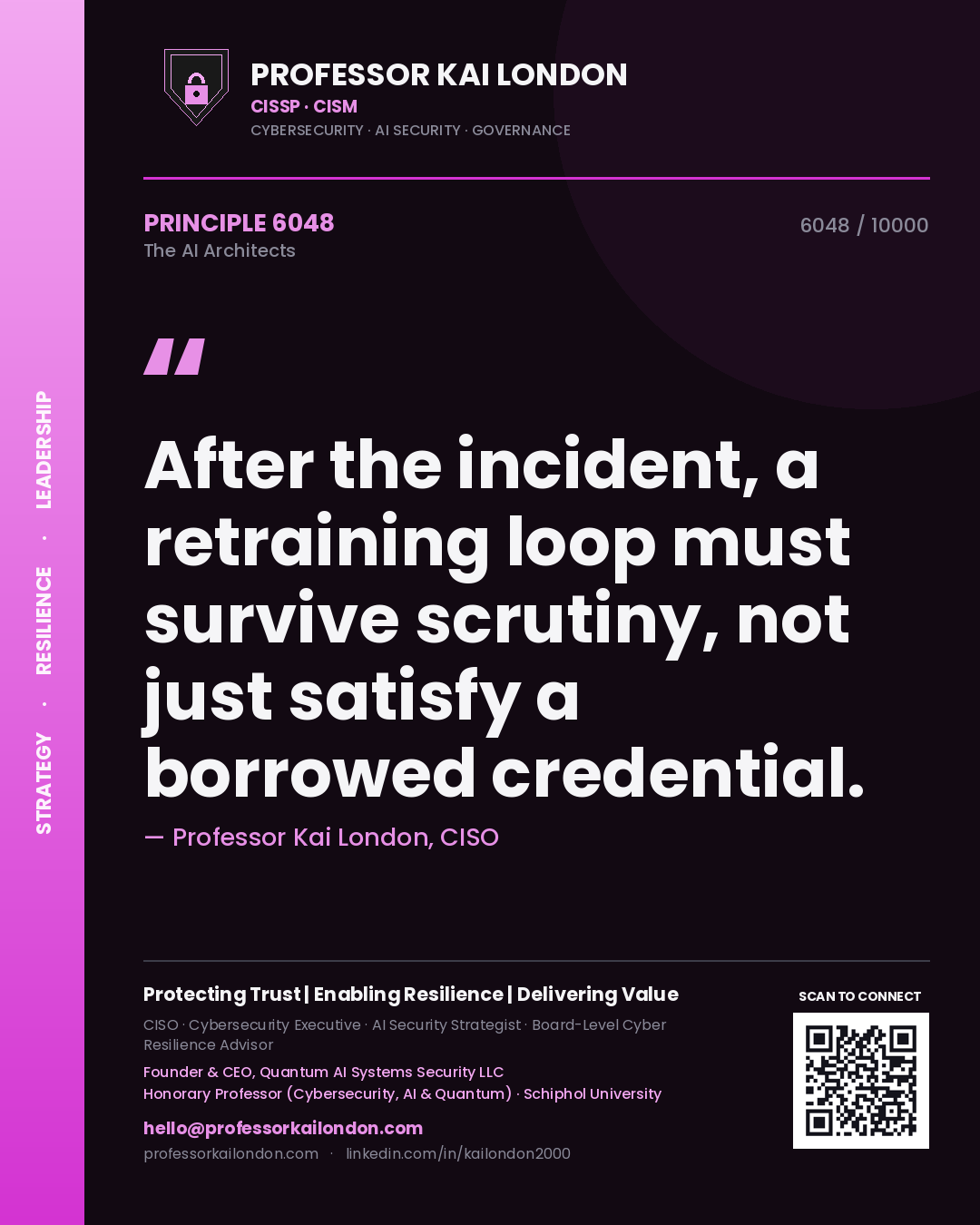Quote card by Professor Kai London reading 'After the incident, a retraining loop must survive scrutiny, not just satisfy a borrowed credential.'. From the book The AI Architects.