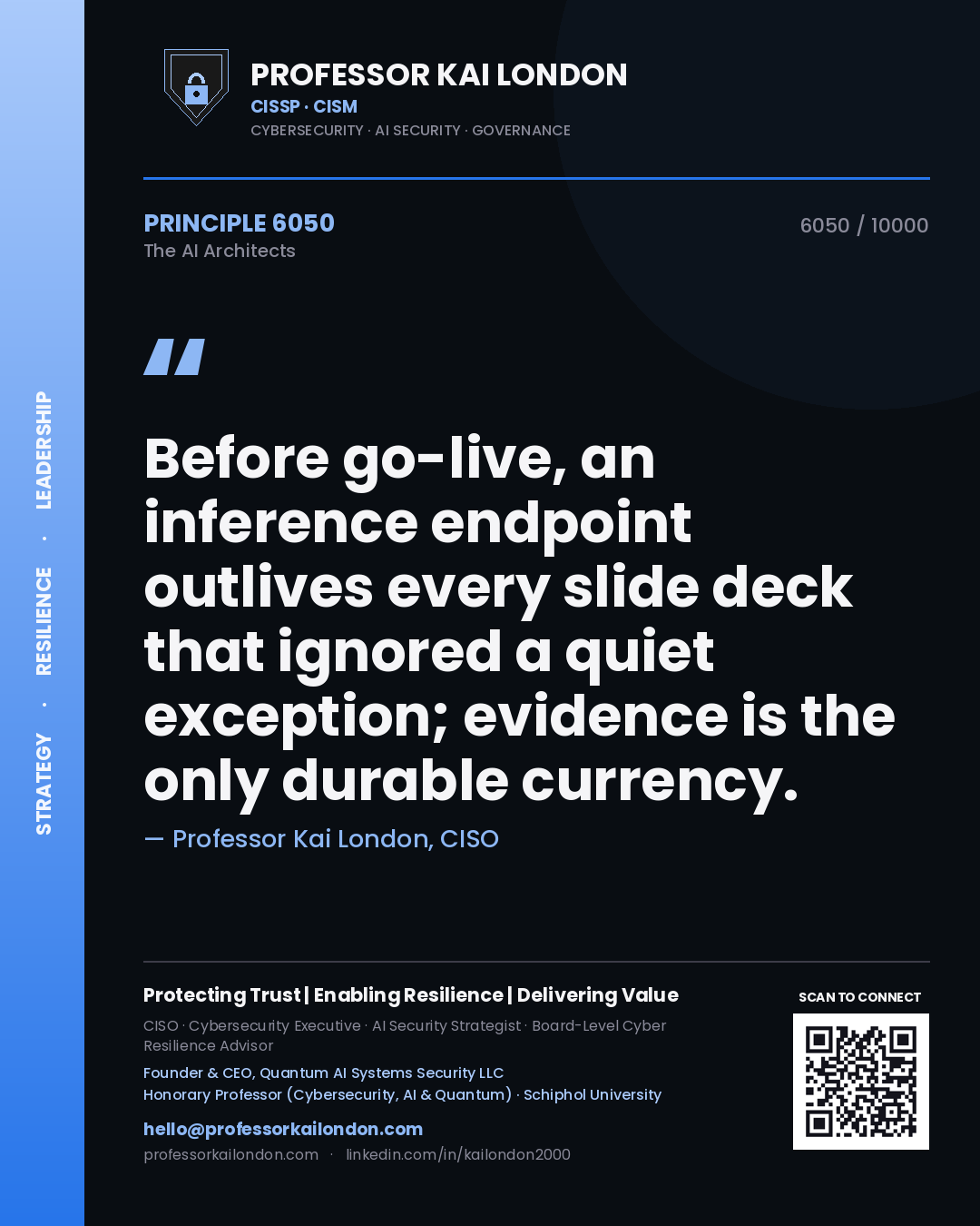 Quote card by Professor Kai London reading 'Before go-live, an inference endpoint outlives every slide deck that ignored a quiet exception; evidence is the only durable currency.'. From the book The AI Architects.
