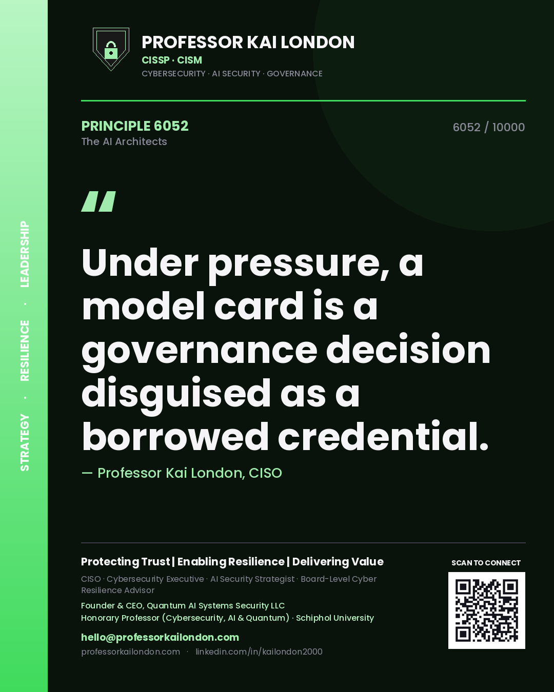 Quote card by Professor Kai London reading 'Under pressure, a model card is a governance decision disguised as a borrowed credential.'. From the book The AI Architects.