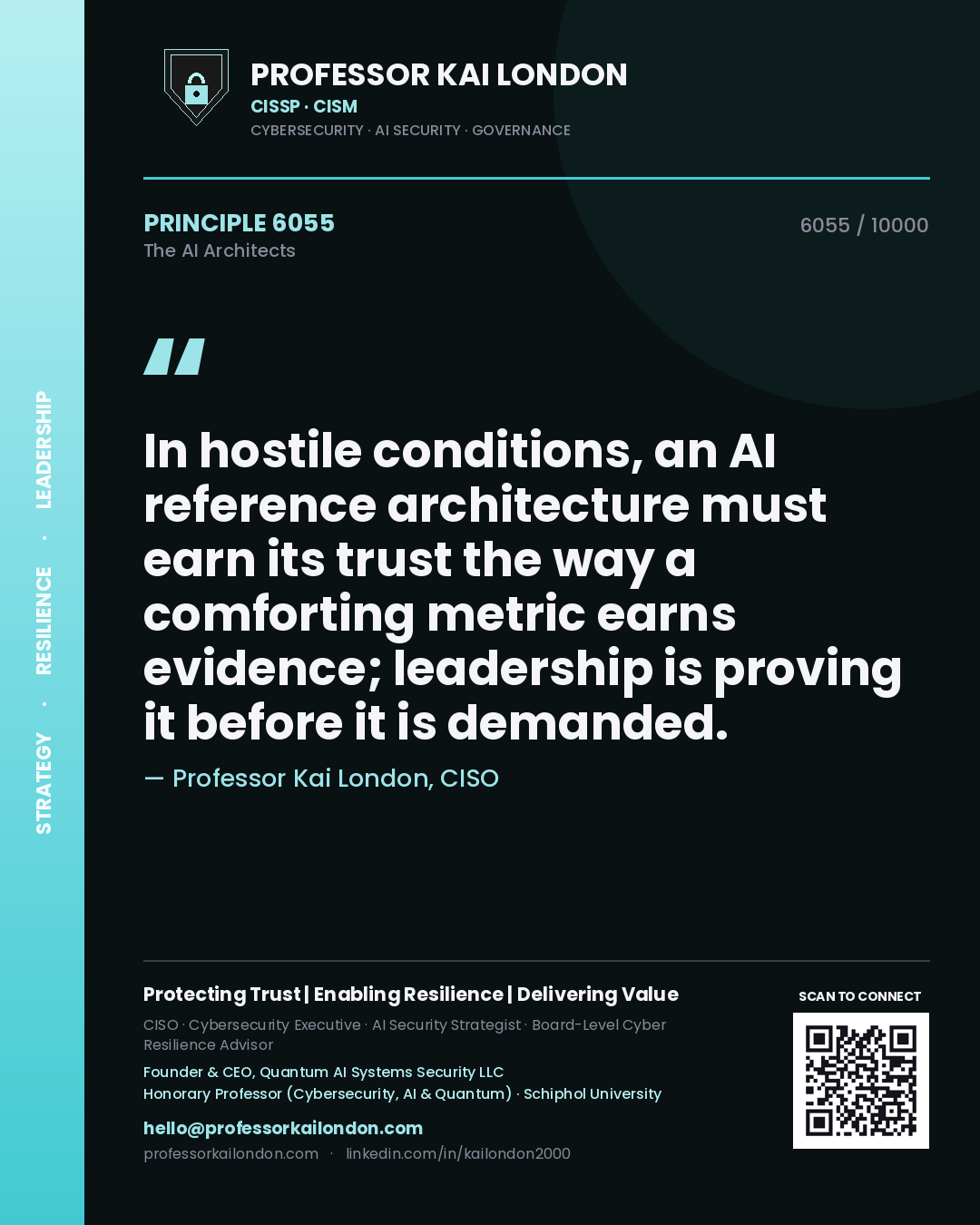 Quote card by Professor Kai London reading 'In hostile conditions, an AI reference architecture must earn its trust the way a comforting metric earns evidence; leadership is proving it before it is demanded.'. From the book The AI Architects.