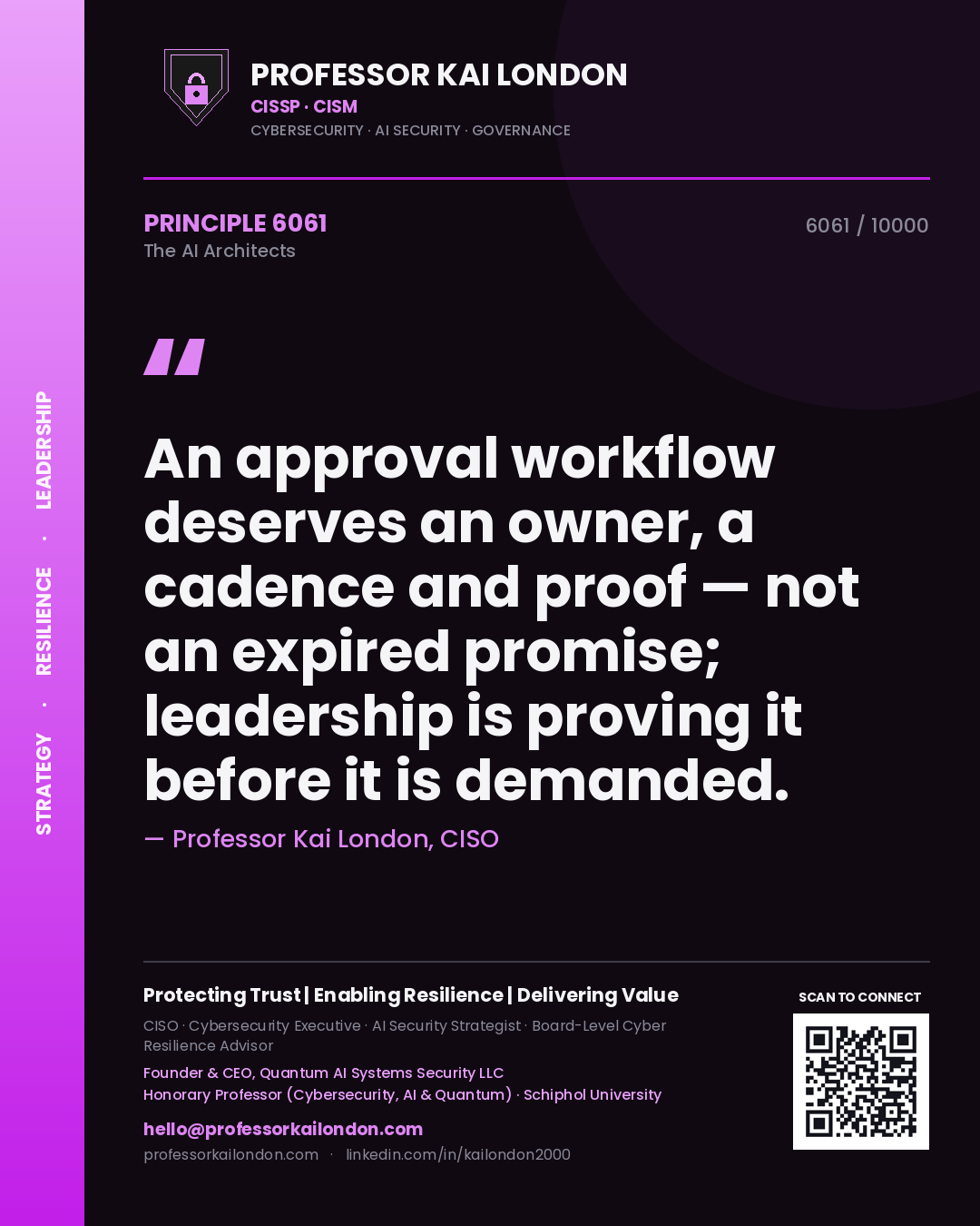 Quote card by Professor Kai London reading 'An approval workflow deserves an owner, a cadence and proof — not an expired promise; leadership is proving it before it is demanded.'. From the book The AI Architects.