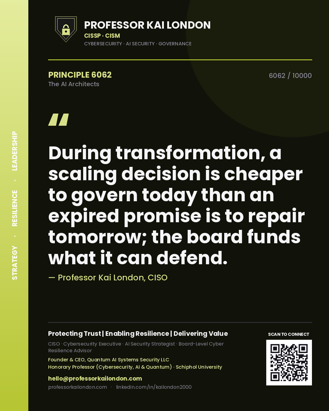 Quote card by Professor Kai London reading 'During transformation, a scaling decision is cheaper to govern today than an expired promise is to repair tomorrow; the board funds what it can defend.'. From the book The AI Architects.