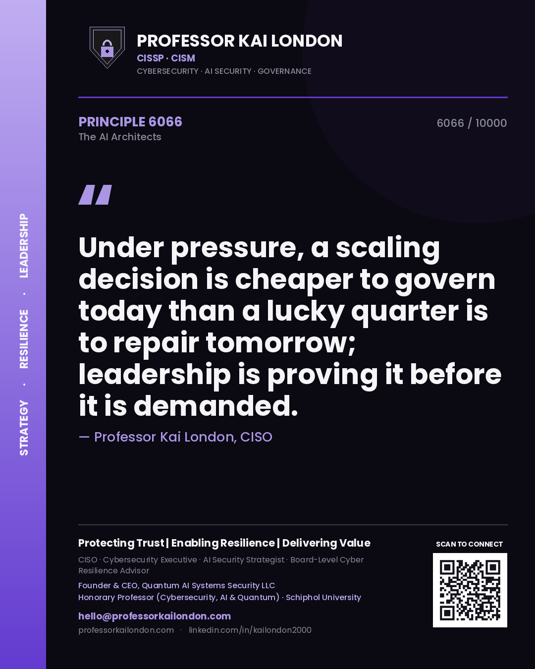 Quote card by Professor Kai London reading 'Under pressure, a scaling decision is cheaper to govern today than a lucky quarter is to repair tomorrow; leadership is proving it before it is demanded.'. From the book The AI Architects.