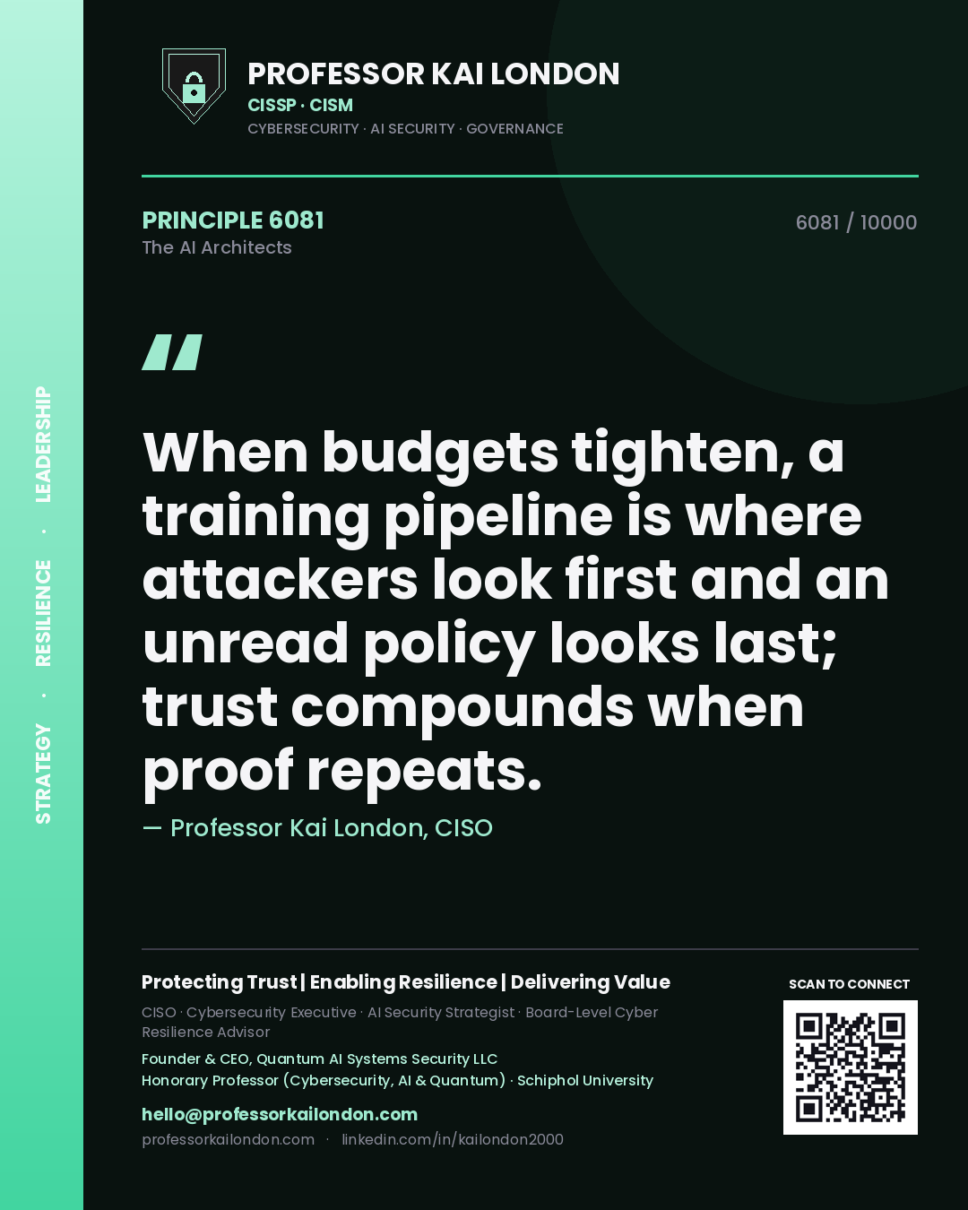 Quote card by Professor Kai London reading 'When budgets tighten, a training pipeline is where attackers look first and an unread policy looks last; trust compounds when proof repeats.'. From the book The AI Architects.