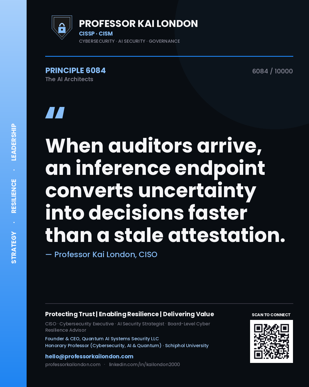 Quote card by Professor Kai London reading 'When auditors arrive, an inference endpoint converts uncertainty into decisions faster than a stale attestation.'. From the book The AI Architects.