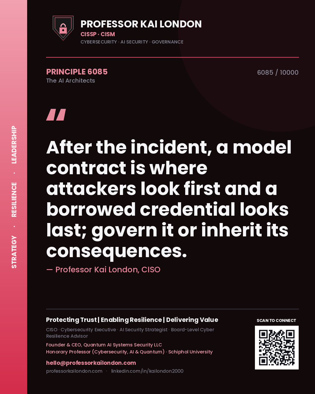 Professor Kai London principle 6085: After the incident, a model contract is where attackers look first and a borrowed credential looks last; govern it or inherit its consequences.