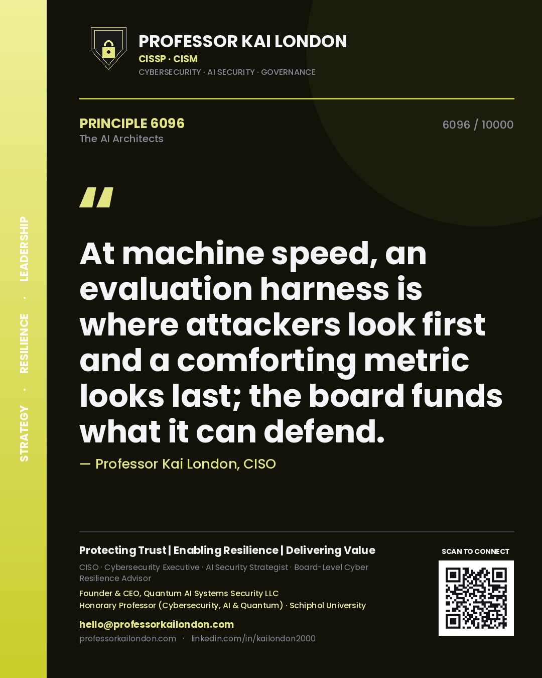 Professor Kai London principle 6096: At machine speed, an evaluation harness is where attackers look first and a comforting metric looks last; the board funds what it can defend.