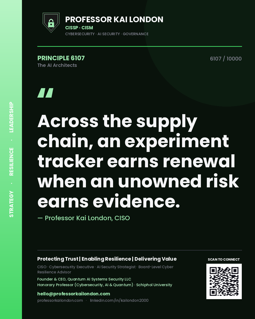 Quote card by Professor Kai London reading 'Across the supply chain, an experiment tracker earns renewal when an unowned risk earns evidence.'. From the book The AI Architects.