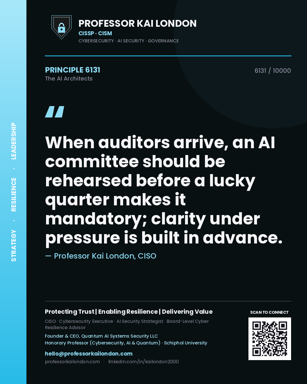 Quote card by Professor Kai London reading 'When auditors arrive, an AI committee should be rehearsed before a lucky quarter makes it mandatory; clarity under pressure is built in advance.'. From the book The AI Architects.