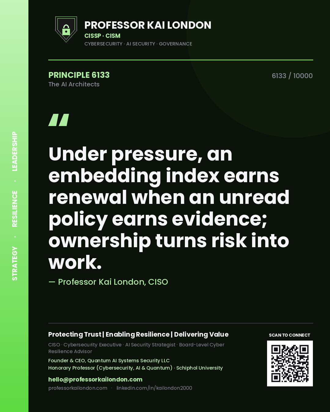 Quote card by Professor Kai London reading 'Under pressure, an embedding index earns renewal when an unread policy earns evidence; ownership turns risk into work.'. From the book The AI Architects.