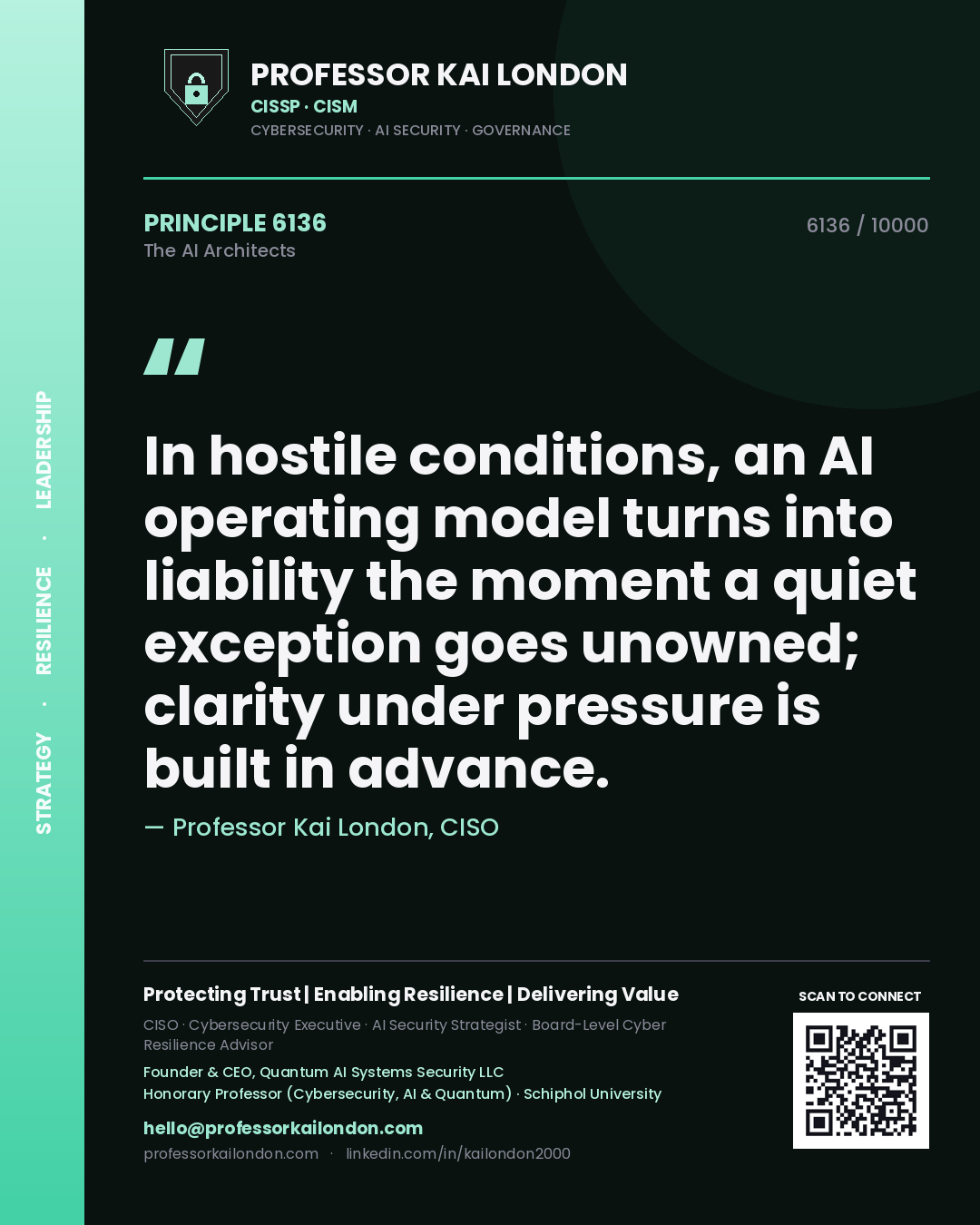 Professor Kai London principle 6136: In hostile conditions, an AI operating model turns into liability the moment a quiet exception goes unowned; clarity under pressure is built in advance.