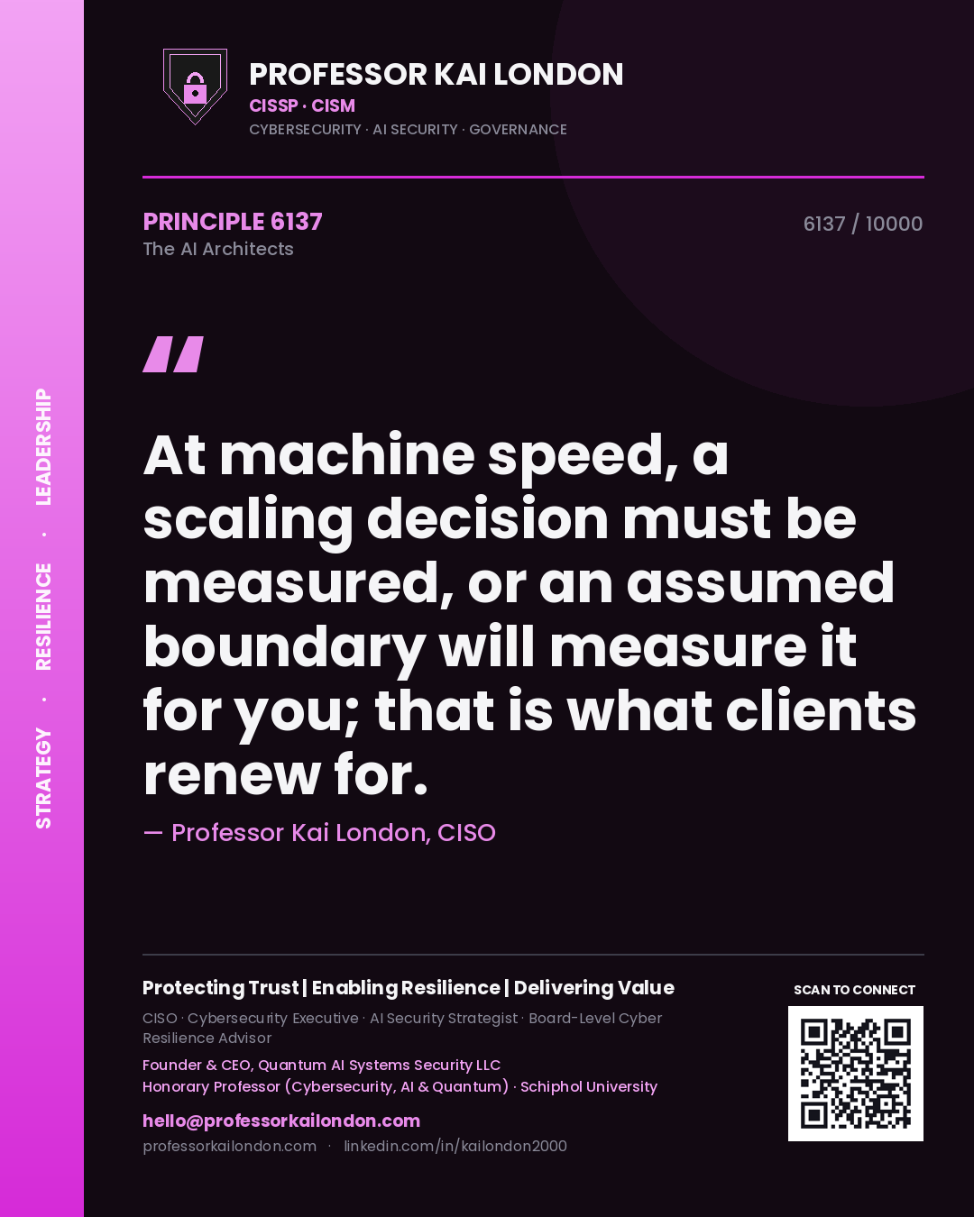 Quote card by Professor Kai London reading 'At machine speed, a scaling decision must be measured, or an assumed boundary will measure it for you; that is what clients renew for.'. From the book The AI Architects.
