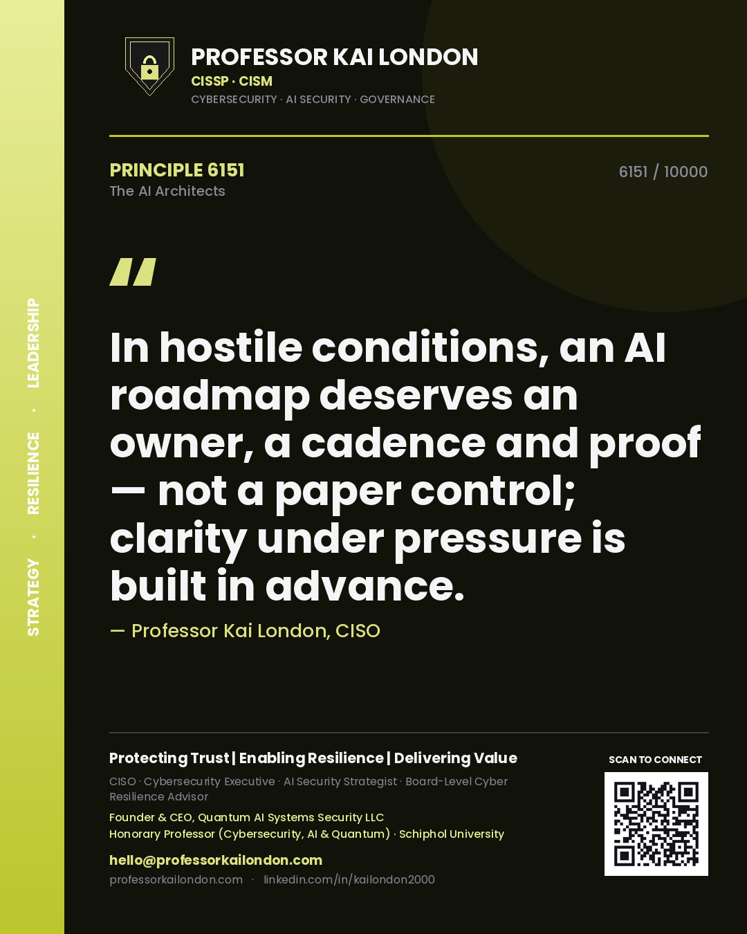 Professor Kai London principle 6151: In hostile conditions, an AI roadmap deserves an owner, a cadence and proof — not a paper control; clarity under pressure is built in advance.
