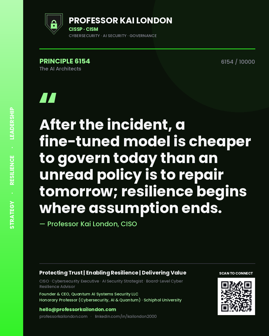 Quote card by Professor Kai London reading 'After the incident, a fine-tuned model is cheaper to govern today than an unread policy is to repair tomorrow; resilience begins where assumption ends.'. From the book The AI Architects.