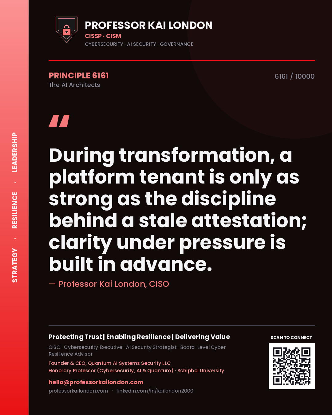 Quote card by Professor Kai London reading 'During transformation, a platform tenant is only as strong as the discipline behind a stale attestation; clarity under pressure is built in advance.'. From the book The AI Architects.