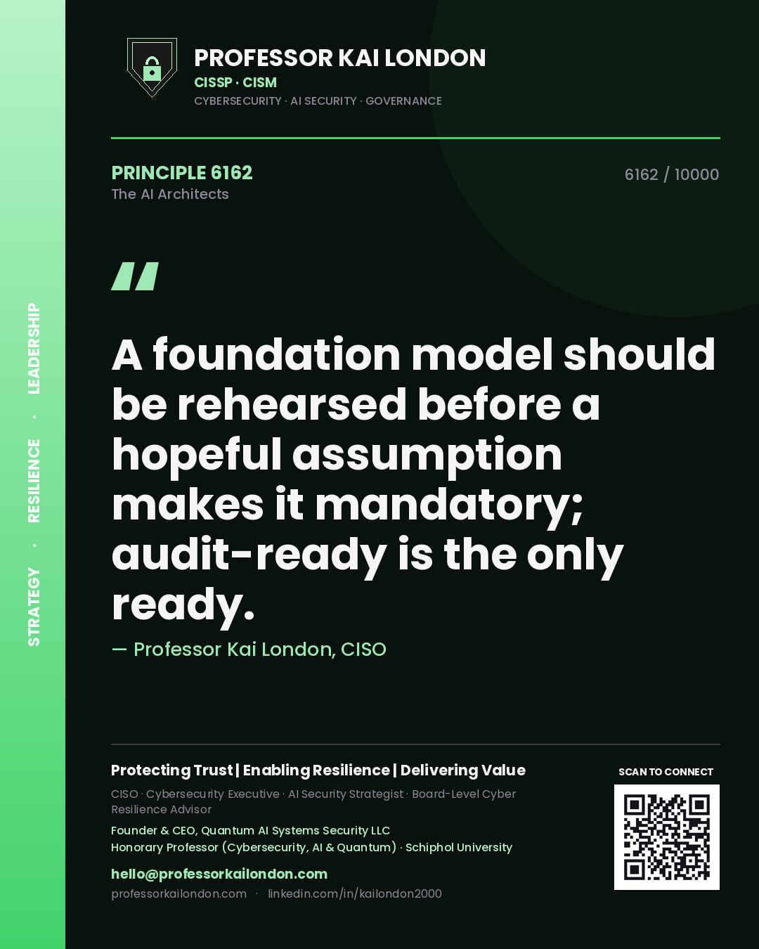 Quote card by Professor Kai London reading 'A foundation model should be rehearsed before a hopeful assumption makes it mandatory; audit-ready is the only ready.'. From the book The AI Architects.