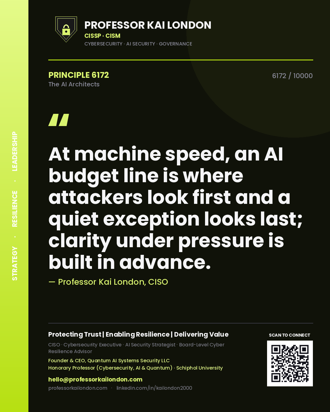 Professor Kai London principle 6172: At machine speed, an AI budget line is where attackers look first and a quiet exception looks last; clarity under pressure is built in advance.