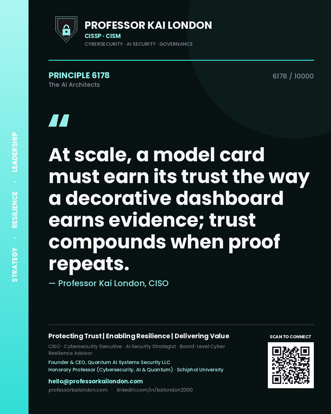 Quote card by Professor Kai London reading 'At scale, a model card must earn its trust the way a decorative dashboard earns evidence; trust compounds when proof repeats.'. From the book The AI Architects.