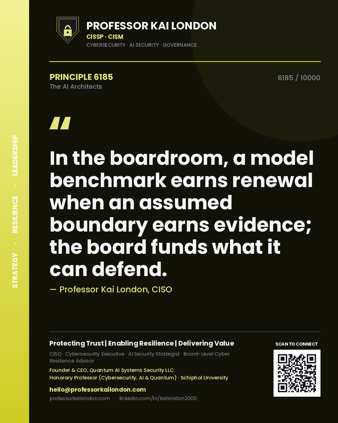 Quote card by Professor Kai London reading 'In the boardroom, a model benchmark earns renewal when an assumed boundary earns evidence; the board funds what it can defend.'. From the book The AI Architects.