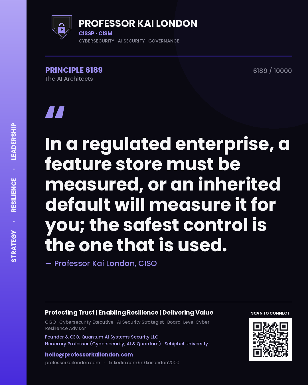 Quote card by Professor Kai London reading 'In a regulated enterprise, a feature store must be measured, or an inherited default will measure it for you; the safest control is the one that is used.'. From the book The AI Architects.