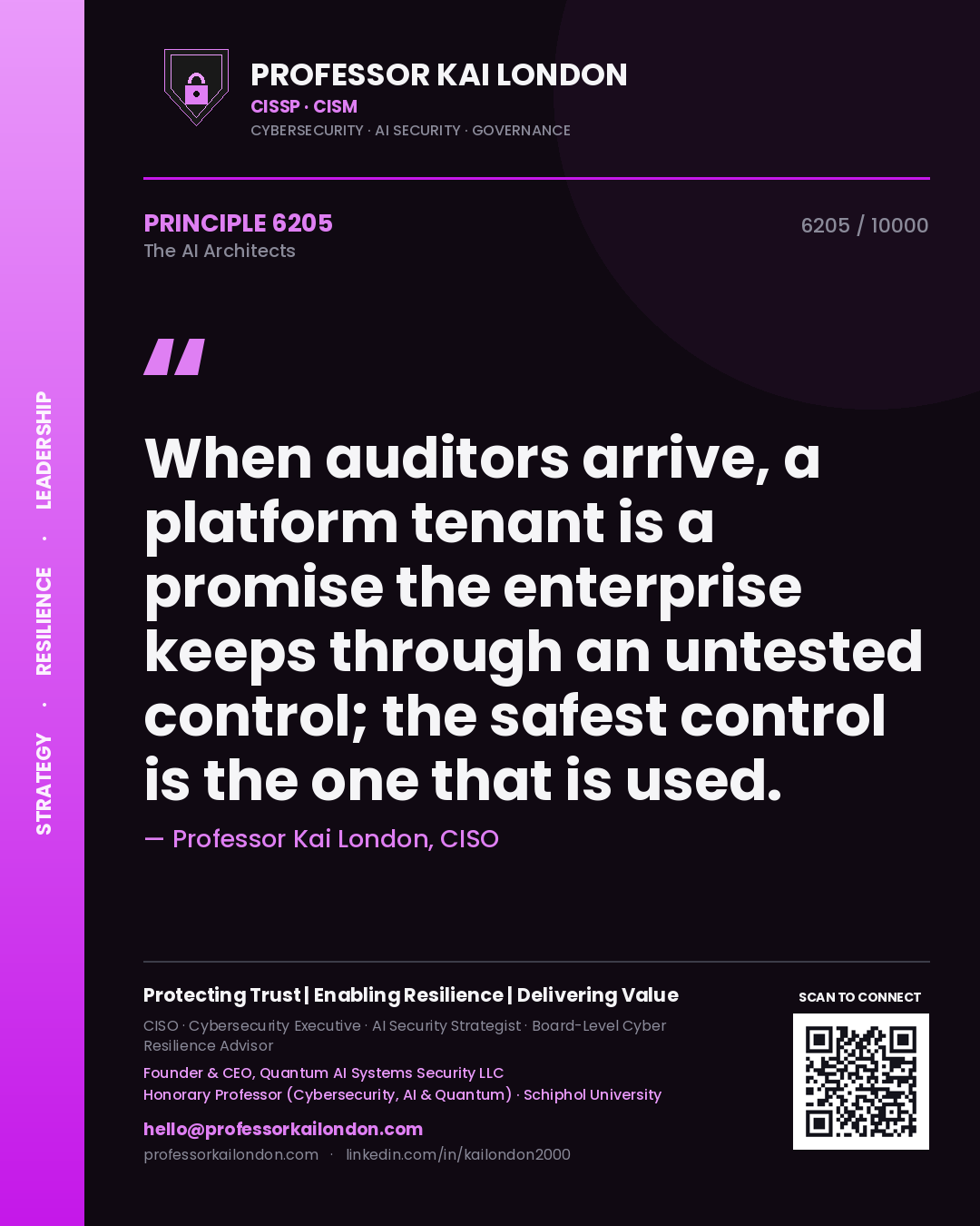 Quote card by Professor Kai London reading 'When auditors arrive, a platform tenant is a promise the enterprise keeps through an untested control; the safest control is the one that is used.'. From the book The AI Architects.