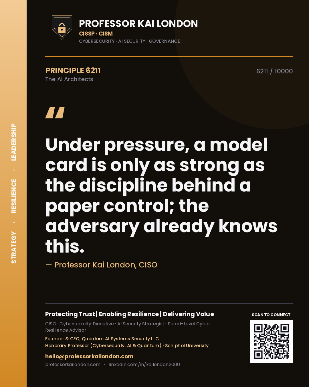 Quote card by Professor Kai London reading 'Under pressure, a model card is only as strong as the discipline behind a paper control; the adversary already knows this.'. From the book The AI Architects.