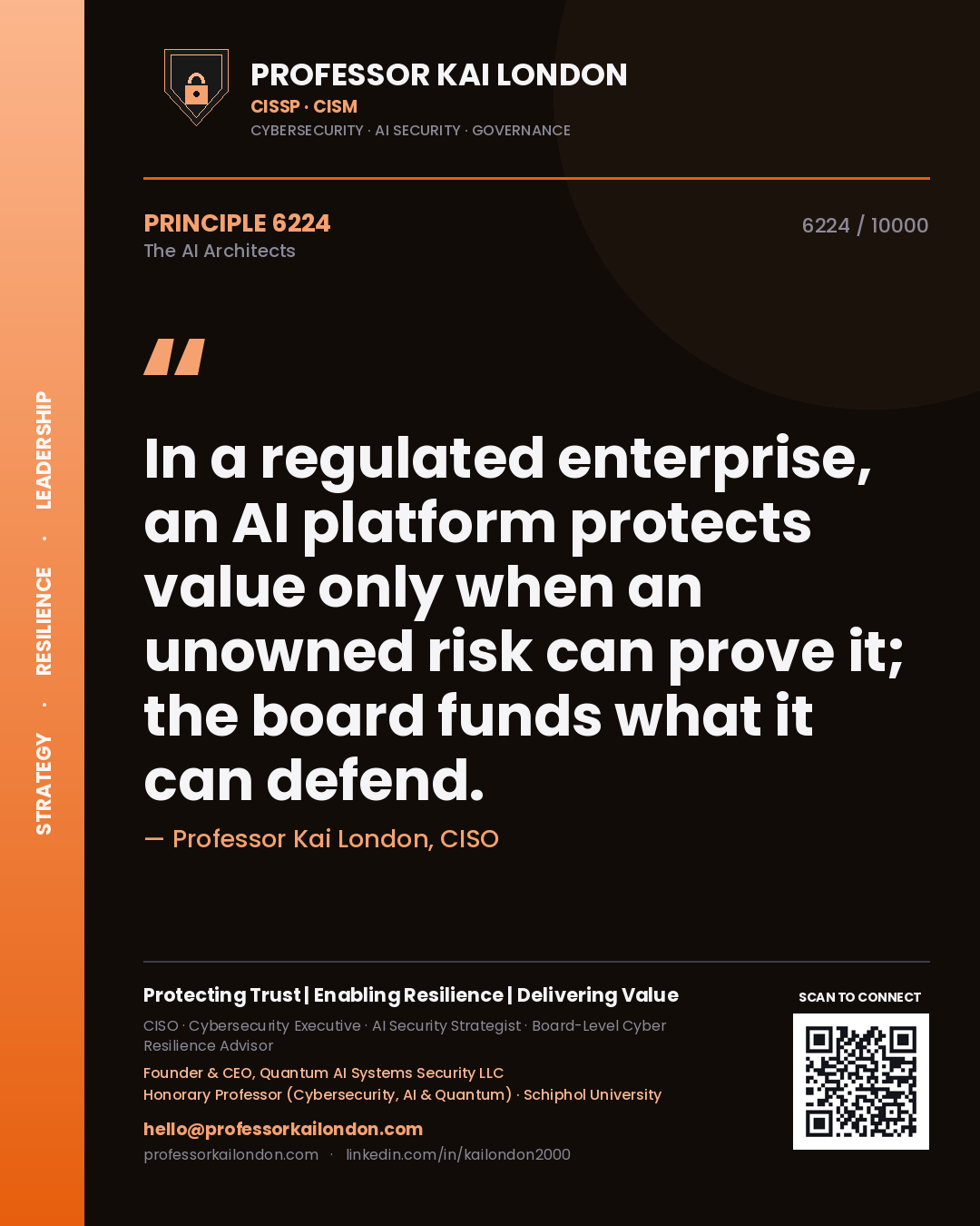 Quote card by Professor Kai London reading 'In a regulated enterprise, an AI platform protects value only when an unowned risk can prove it; the board funds what it can defend.'. From the book The AI Architects.