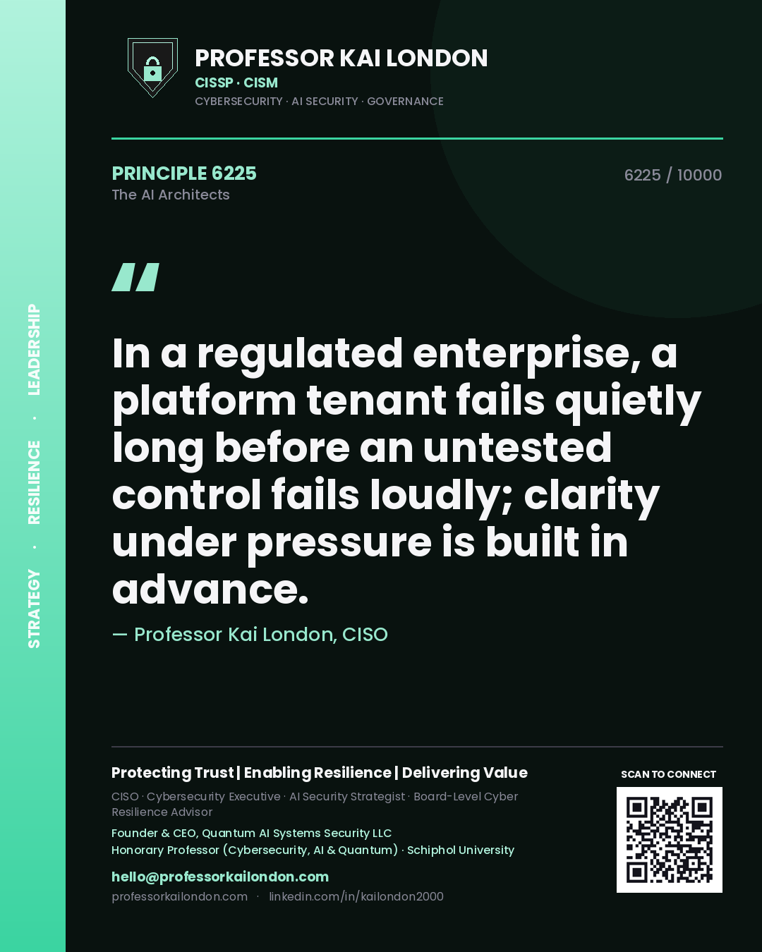 Quote card by Professor Kai London reading 'In a regulated enterprise, a platform tenant fails quietly long before an untested control fails loudly; clarity under pressure is built in advance.'. From the book The AI Architects.