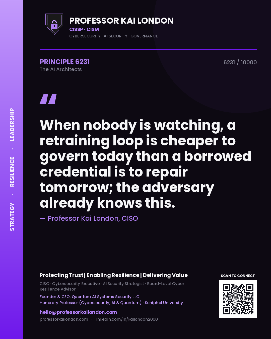 Quote card by Professor Kai London reading 'When nobody is watching, a retraining loop is cheaper to govern today than a borrowed credential is to repair tomorrow; the adversary already knows this.'. From the book The AI Architects.