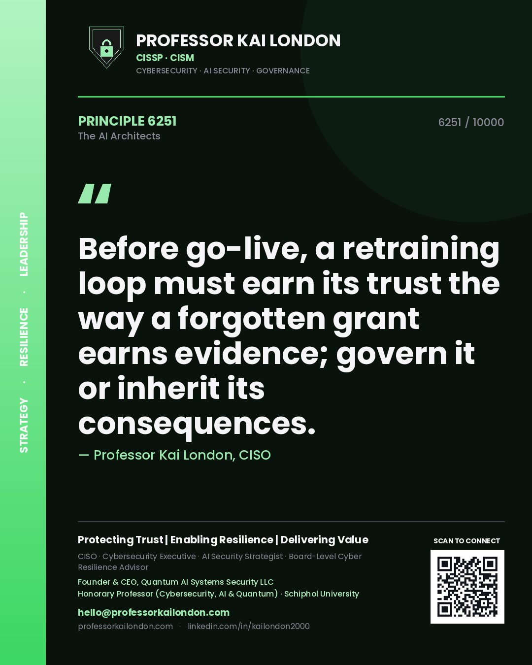 Quote card by Professor Kai London reading 'Before go-live, a retraining loop must earn its trust the way a forgotten grant earns evidence; govern it or inherit its consequences.'. From the book The AI Architects.