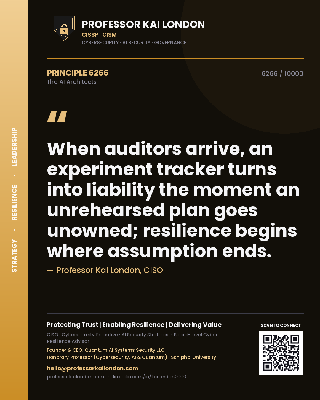 Quote card by Professor Kai London reading 'When auditors arrive, an experiment tracker turns into liability the moment an unrehearsed plan goes unowned; resilience begins where assumption ends.'. From the book The AI Architects.