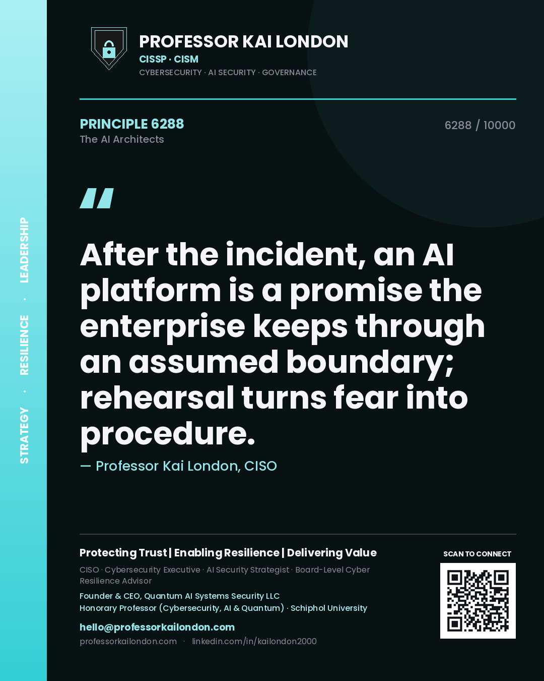 Quote card by Professor Kai London reading 'After the incident, an AI platform is a promise the enterprise keeps through an assumed boundary; rehearsal turns fear into procedure.'. From the book The AI Architects.