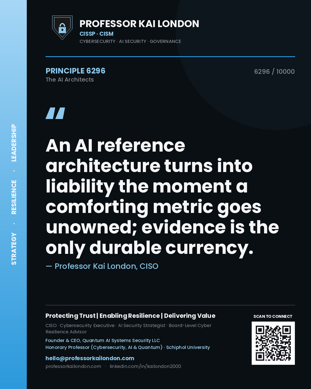 Professor Kai London principle 6296: An AI reference architecture turns into liability the moment a comforting metric goes unowned; evidence is the only durable currency.