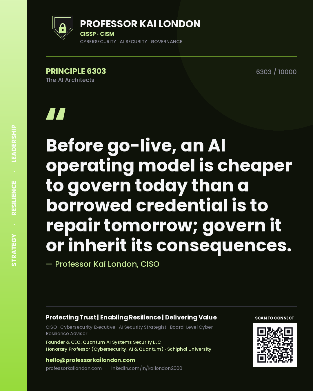 Quote card by Professor Kai London reading 'Before go-live, an AI operating model is cheaper to govern today than a borrowed credential is to repair tomorrow; govern it or inherit its consequences.'. From the book The AI Architects.