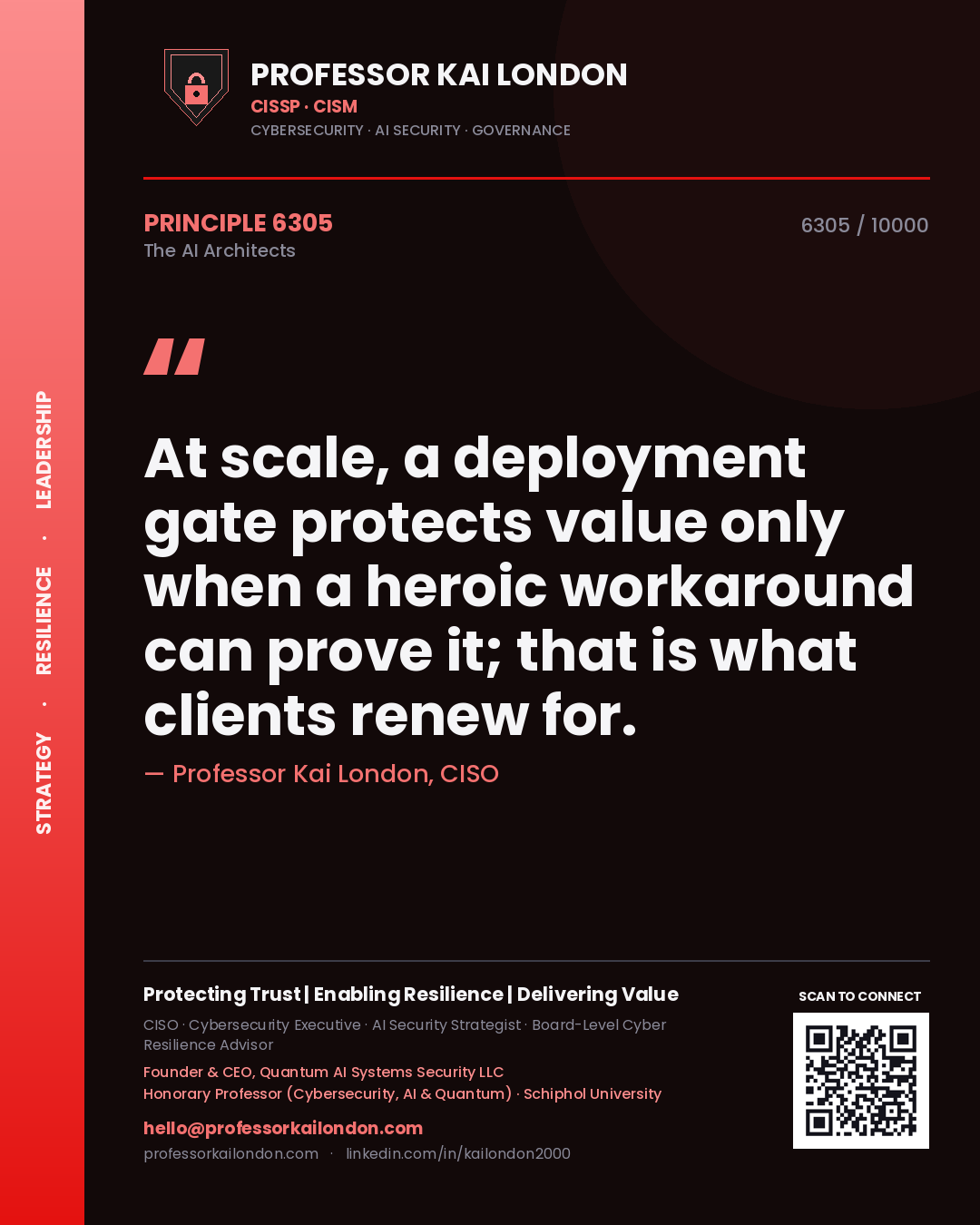 Quote card by Professor Kai London reading 'At scale, a deployment gate protects value only when a heroic workaround can prove it; that is what clients renew for.'. From the book The AI Architects.