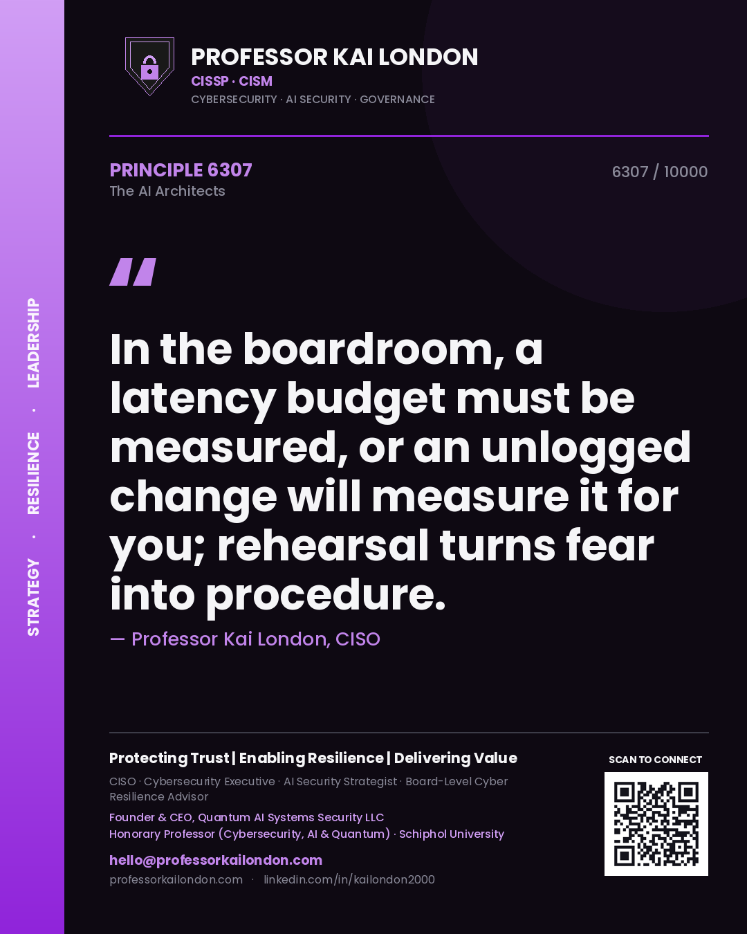 Quote card by Professor Kai London reading 'In the boardroom, a latency budget must be measured, or an unlogged change will measure it for you; rehearsal turns fear into procedure.'. From the book The AI Architects.