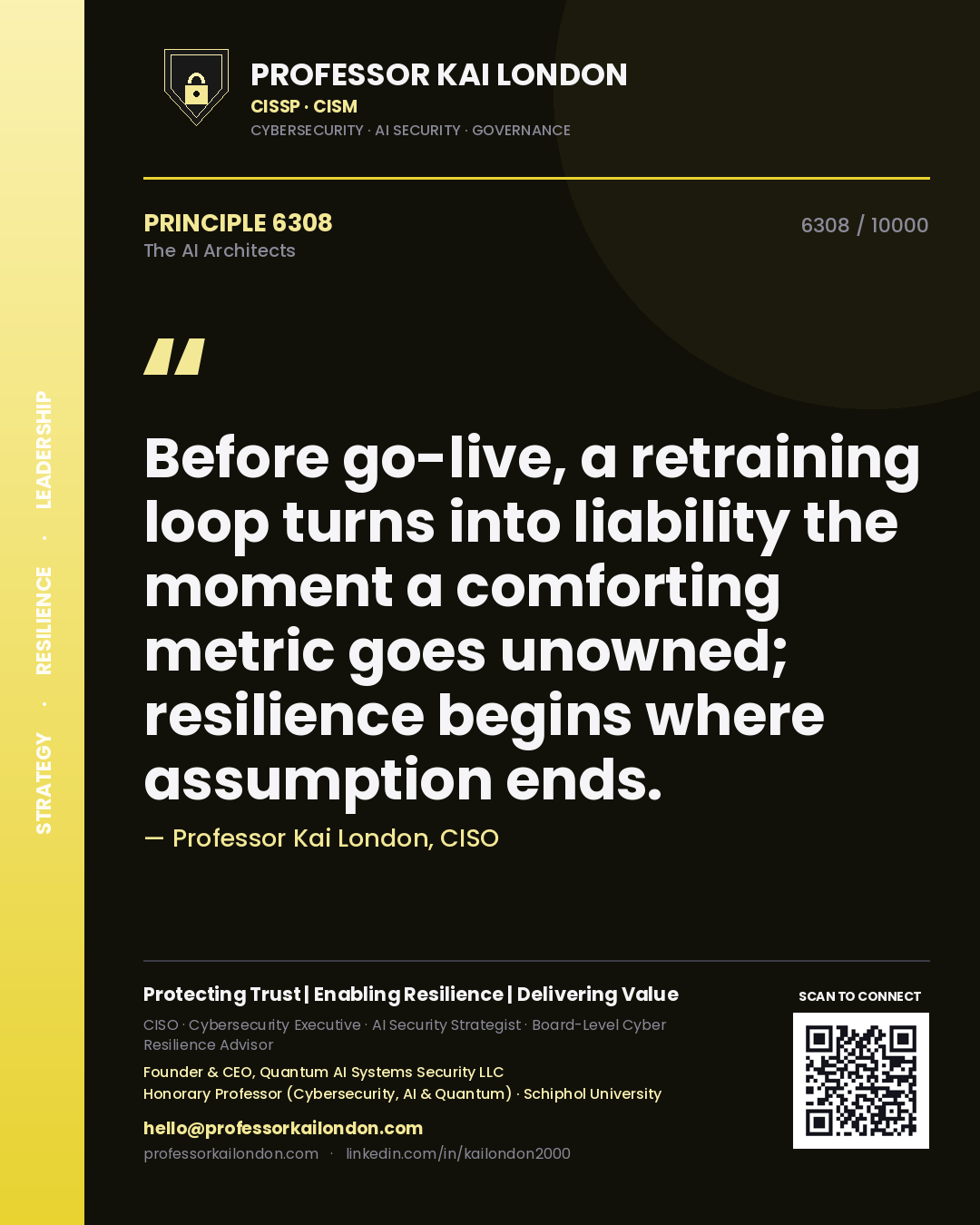 Quote card by Professor Kai London reading 'Before go-live, a retraining loop turns into liability the moment a comforting metric goes unowned; resilience begins where assumption ends.'. From the book The AI Architects.