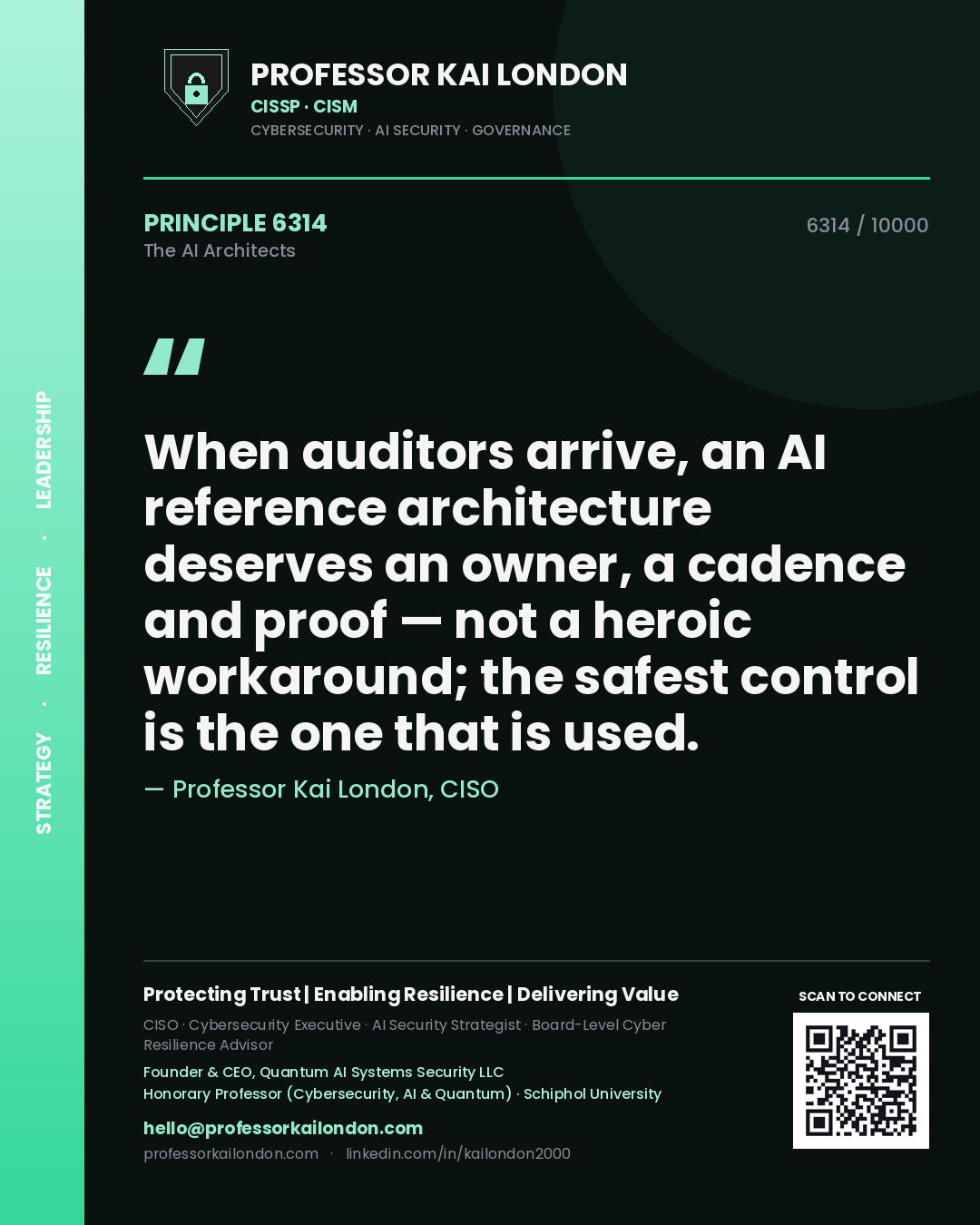 Professor Kai London principle 6314: When auditors arrive, an AI reference architecture deserves an owner, a cadence and proof — not a heroic workaround; the safest control is the one that is used.