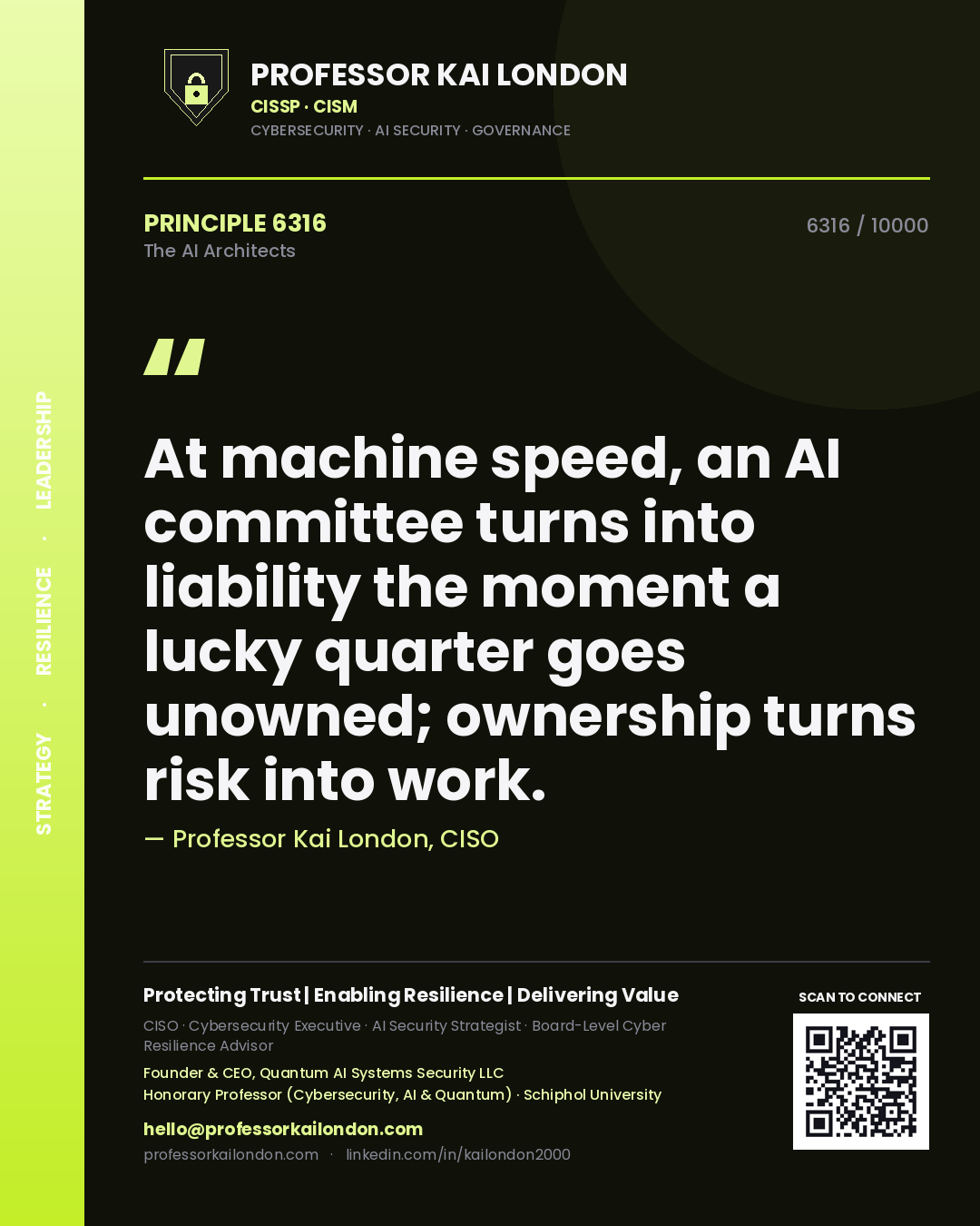 Quote card by Professor Kai London reading 'At machine speed, an AI committee turns into liability the moment a lucky quarter goes unowned; ownership turns risk into work.'. From the book The AI Architects.